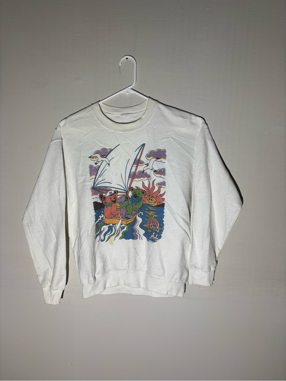 Grateful Dead White Crewneck with Multicolor Fisherman Bear Graphic